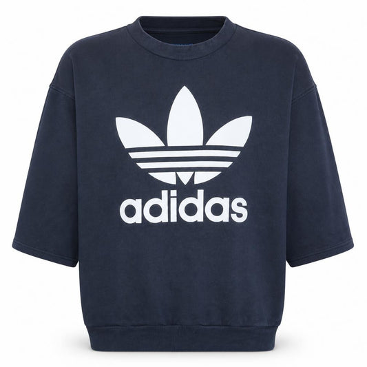 Front view of Adidas men’s blue 2xl crew neck pullover sweatshirt graphic logo