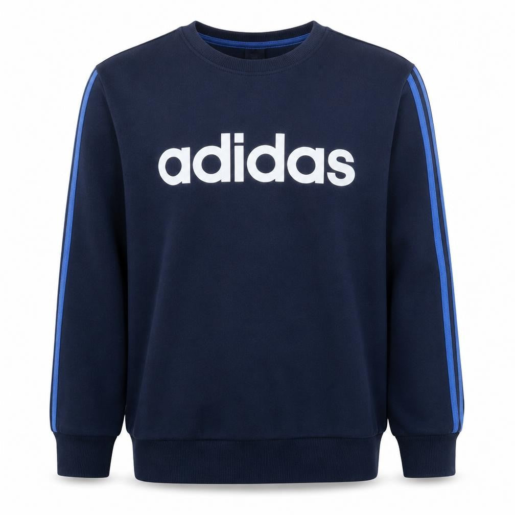 Front view of Adidas men’s blue logo pullover sweatshirt, size L