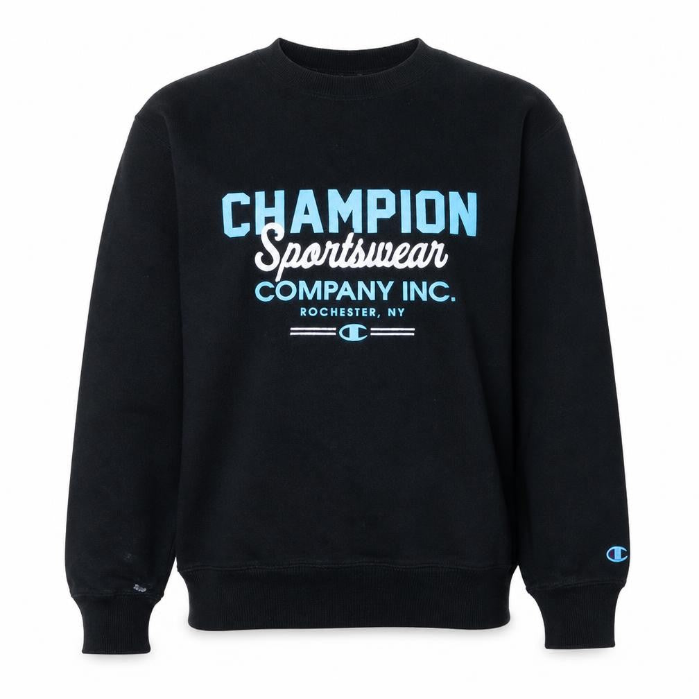 Front view of Champion Men's Black Small Pullover Sweatshirt with Logo Print