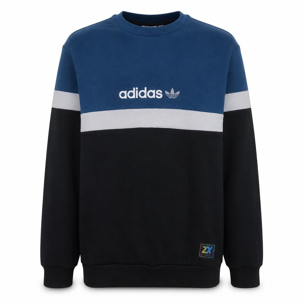Front view of Adidas men’s blue and black crew neck sweatshirt, size M