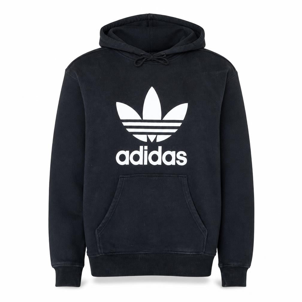 Front view of Adidas women’s black hooded pullover sweatshirt, size UK 12