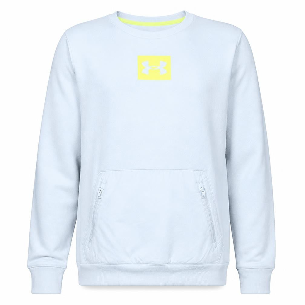 Front view of Under Armour Men's White Crew Neck Sweatshirt Large Logo Pullover