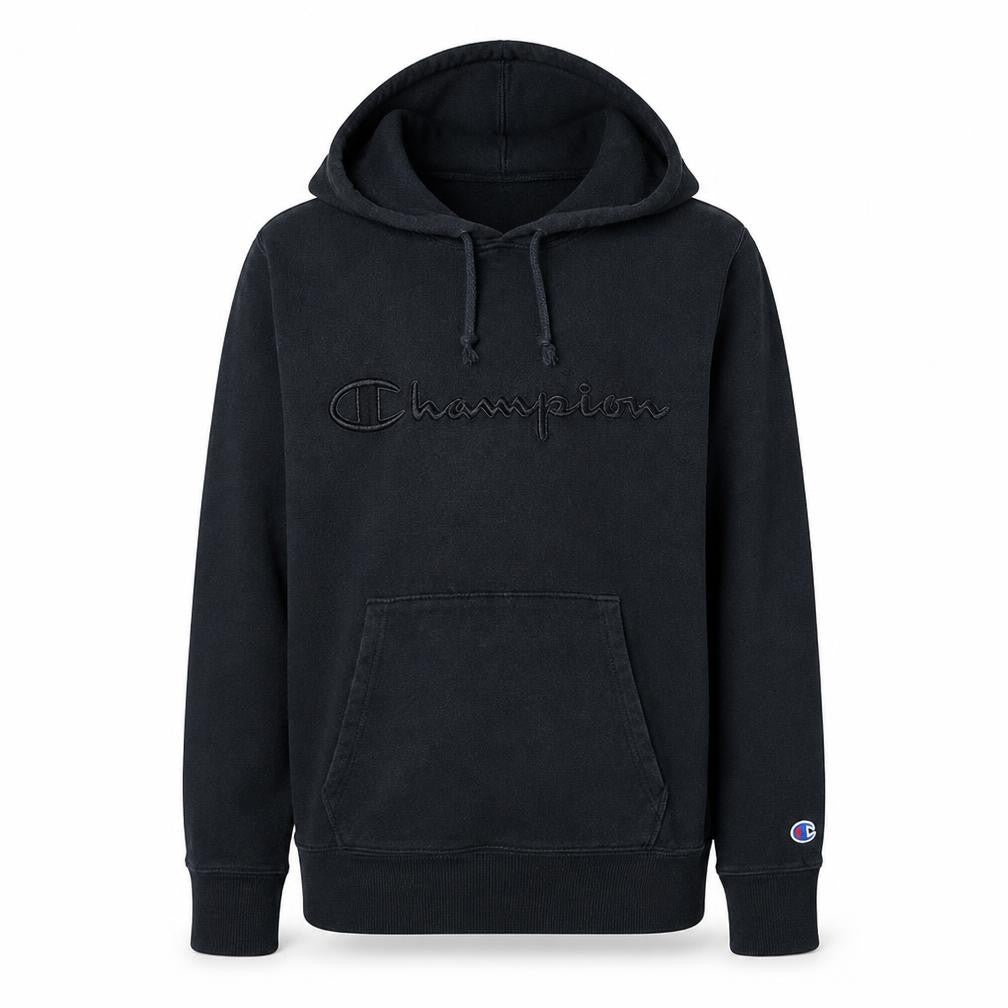 Front view of Champion Men's Black Pullover Hoodie, size S, Embroidered Logo