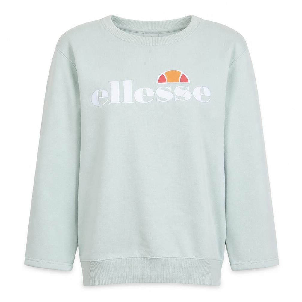 Front view of Ellesse women’s light blue crew neck pullover sweatshirt, size M