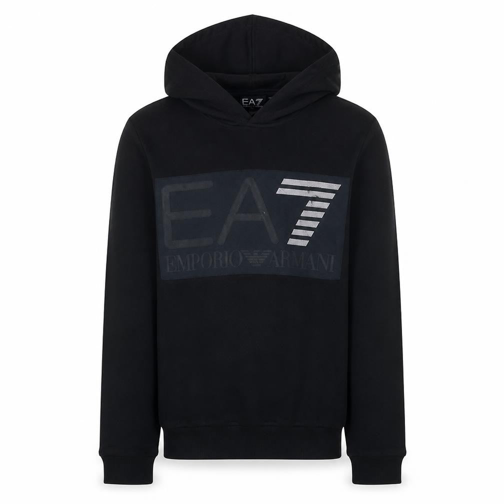 Front view of Emporio Armani EA7 Men's Black Hoodie Small Pullover Logo Cotton Blend
