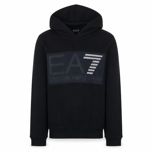 Front view of Emporio Armani EA7 Men's Black Hoodie Small Pullover Logo Cotton Blend
