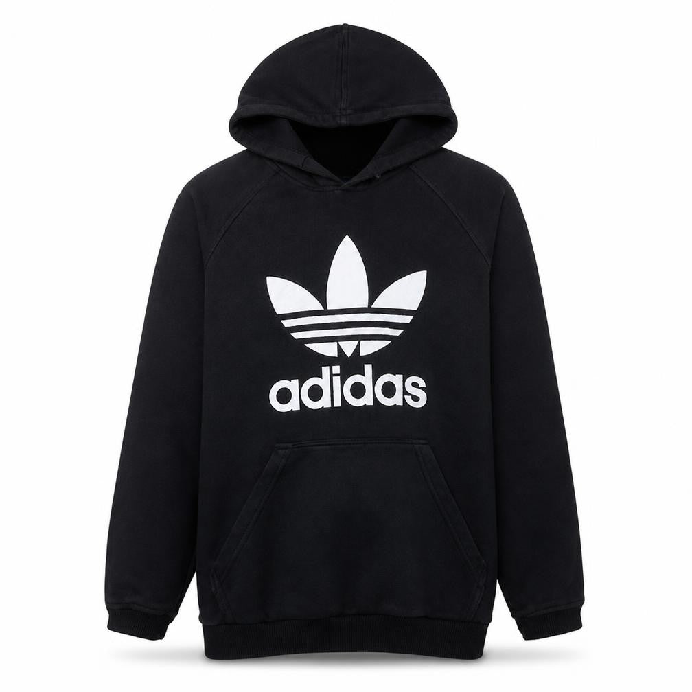 Front view of Adidas Men's Black XL Pullover Hoodie with Logo Graphic Print
