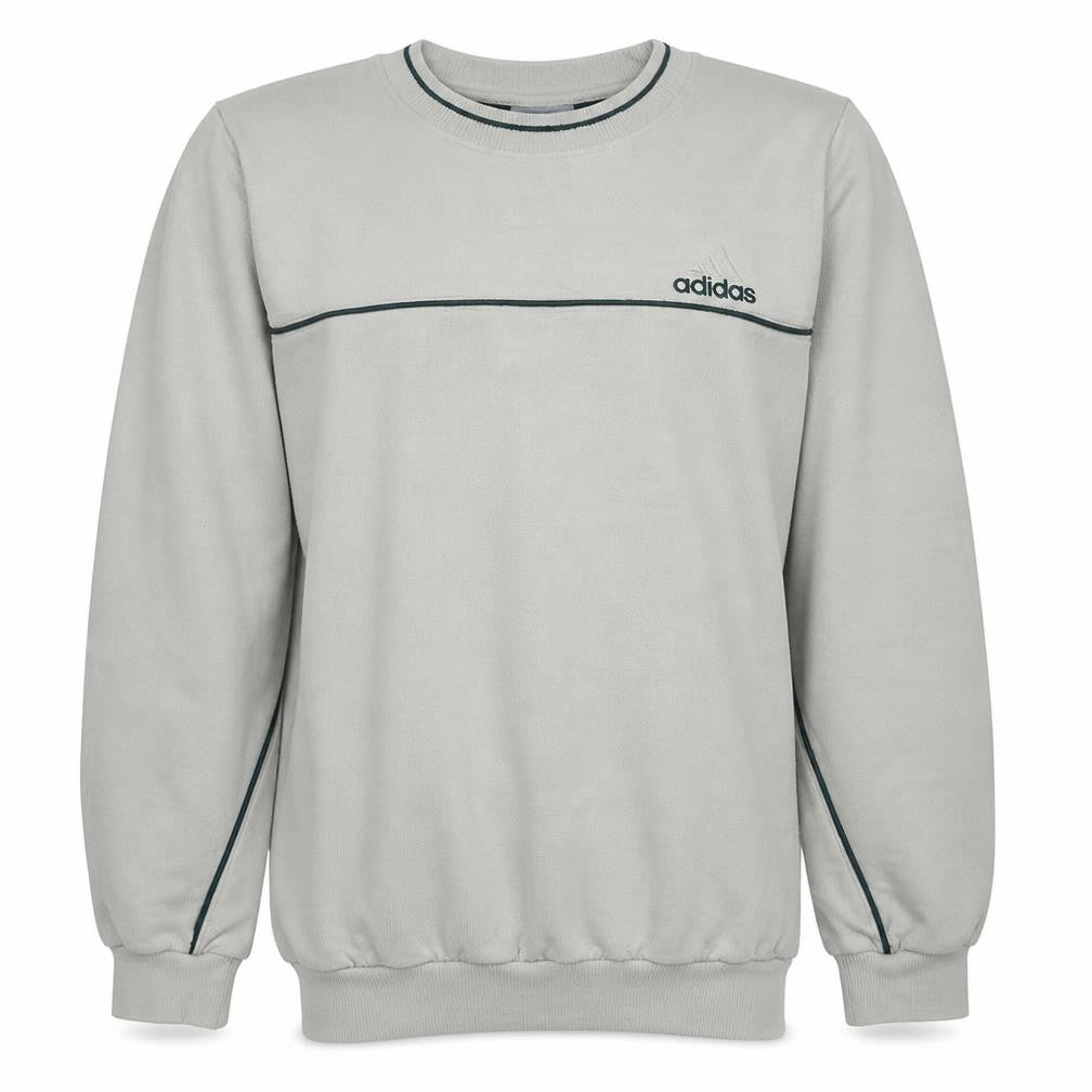 Front view of Adidas men’s beige crew neck pullover sweatshirt l relaxed fit