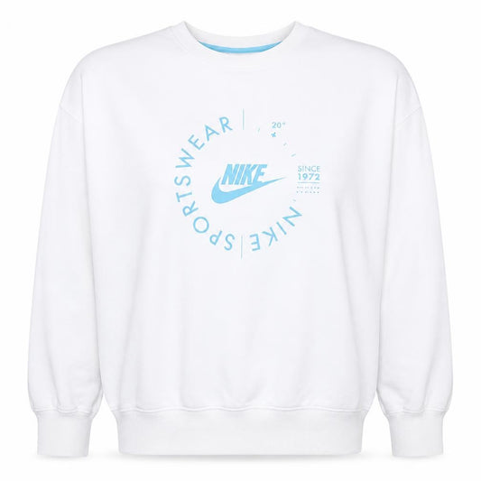Front view of Nike women’s white blue logo crew neck pullover sweatshirt xl