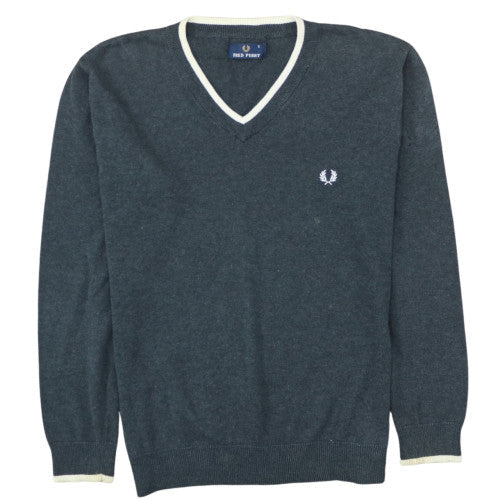 Fred Perry Men's Grey Wool V-Neck Jumper Size S Classic Knit