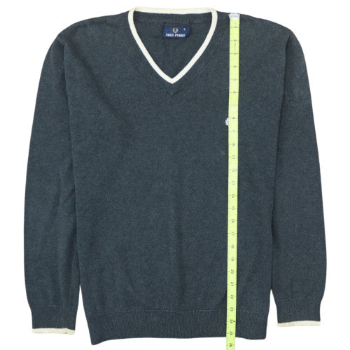 Fred Perry Men's Grey Wool V-Neck Jumper Size S Classic Knit