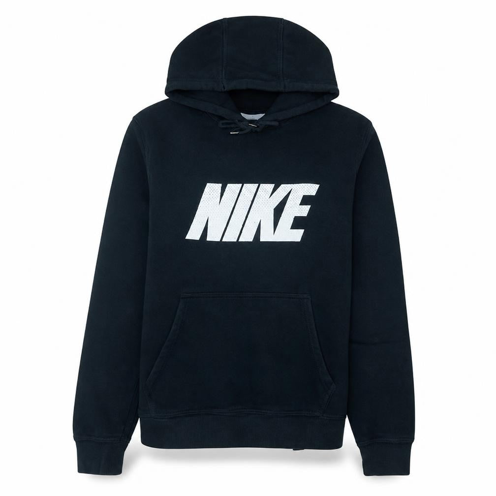 Front view of Nike Women Black Pullover Hoodie Medium Logo Front Cotton Blend
