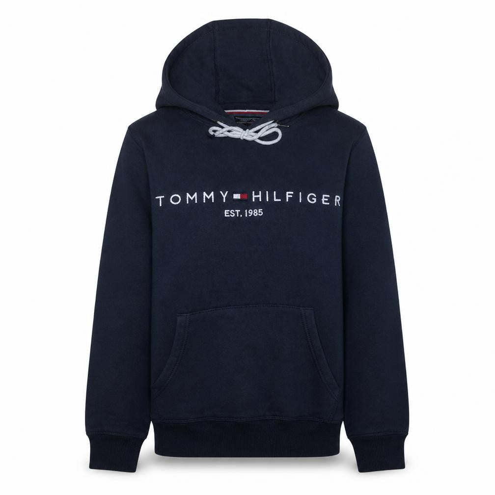Front view of Tommy Hilfiger Men's Blue Pullover Hoodie Small Fleece Logo Sweatshirt