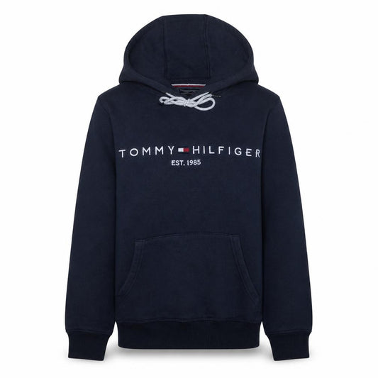 Front view of Tommy Hilfiger Men's Blue Pullover Hoodie Small Fleece Logo Sweatshirt
