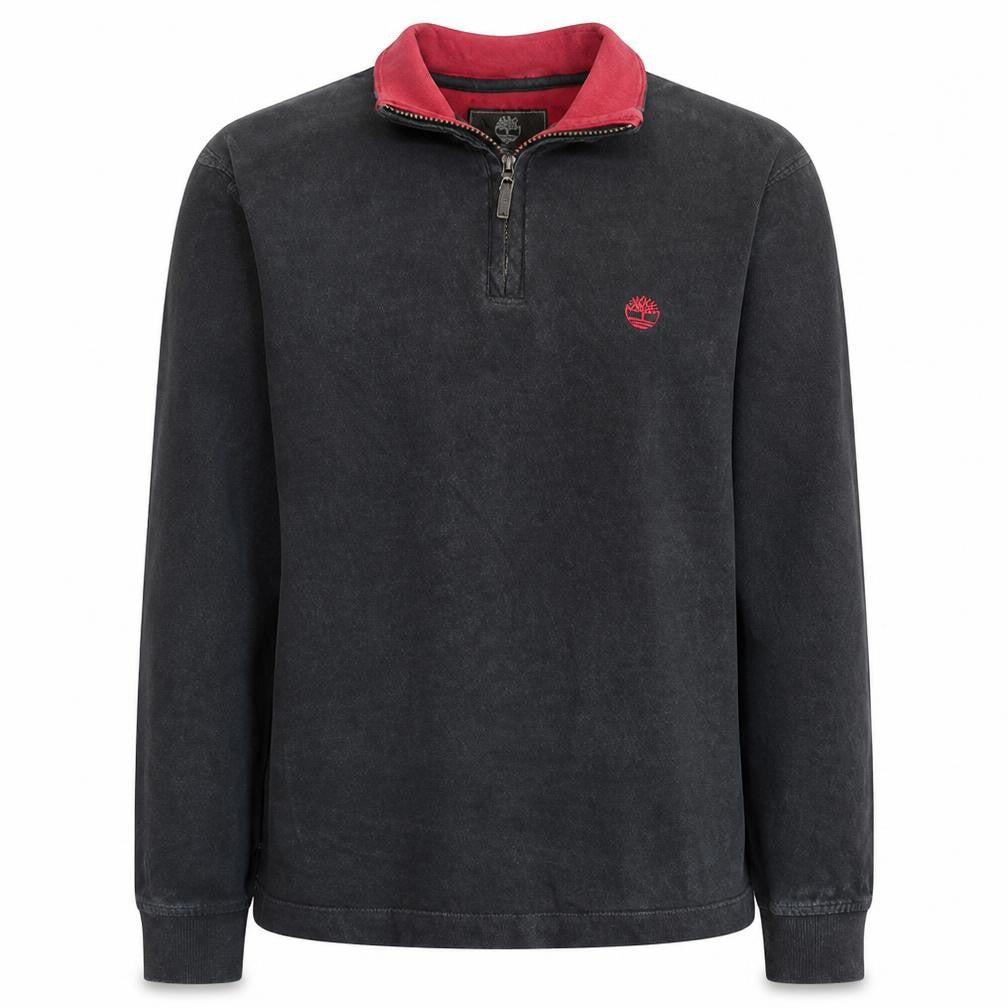 Front view of Timberland Earthkeepers Men's Black Red 1/4 Zip Sweatshirt, size S, Regular Fit