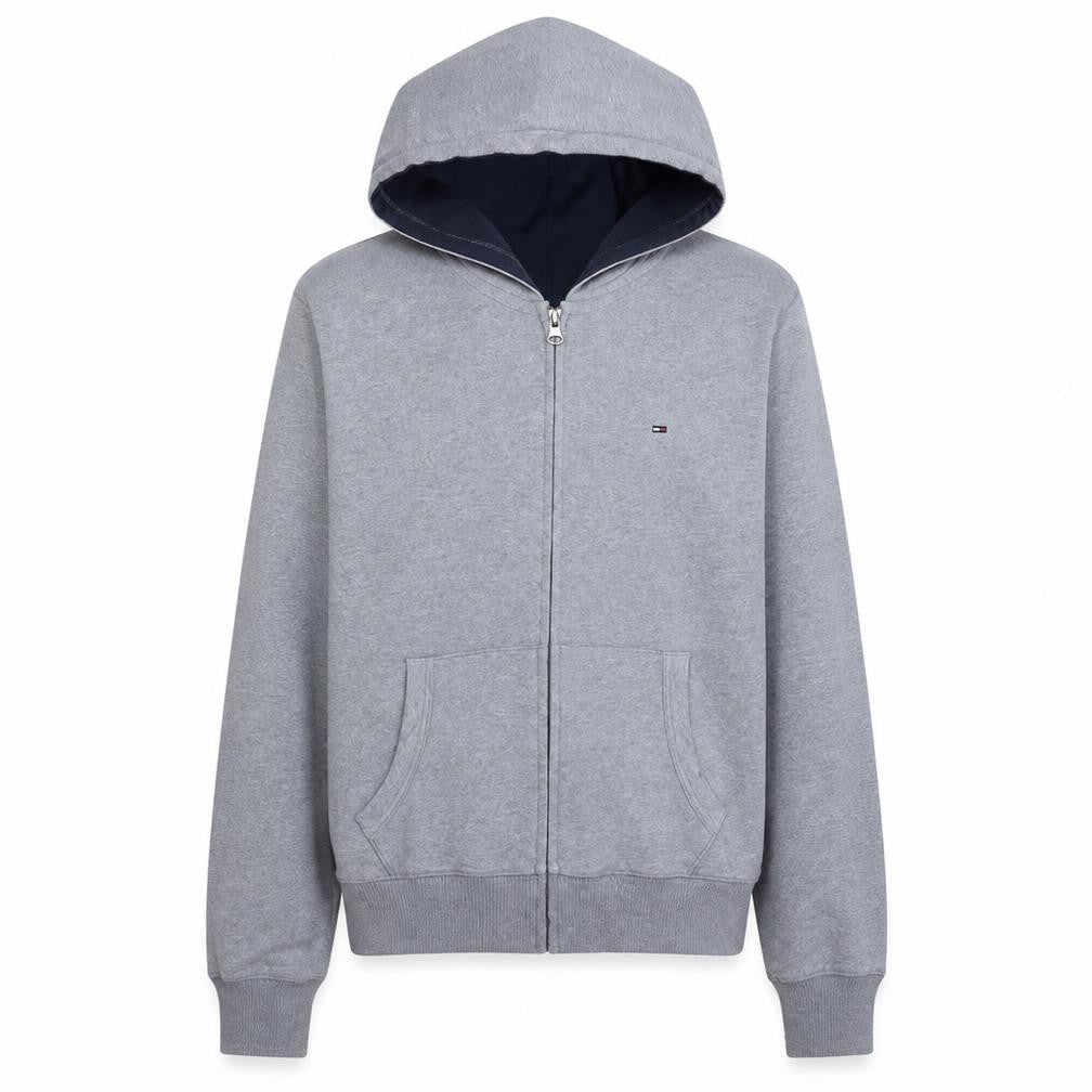 Front view of Tommy Hilfiger Men’s Grey Full Zip Hoodie, size S, Classic Style