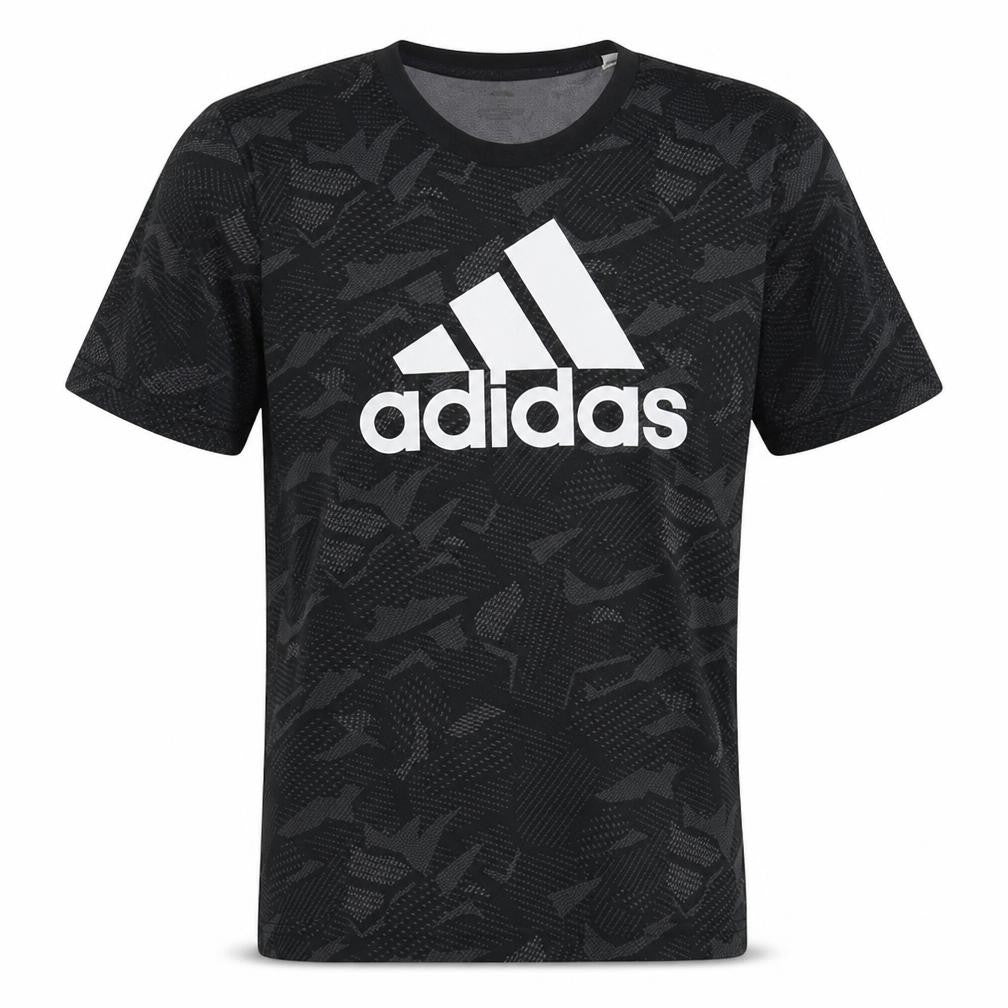 Front view of Adidas Men’s Black Camouflage Logo T-Shirt, size M, Regular Fit