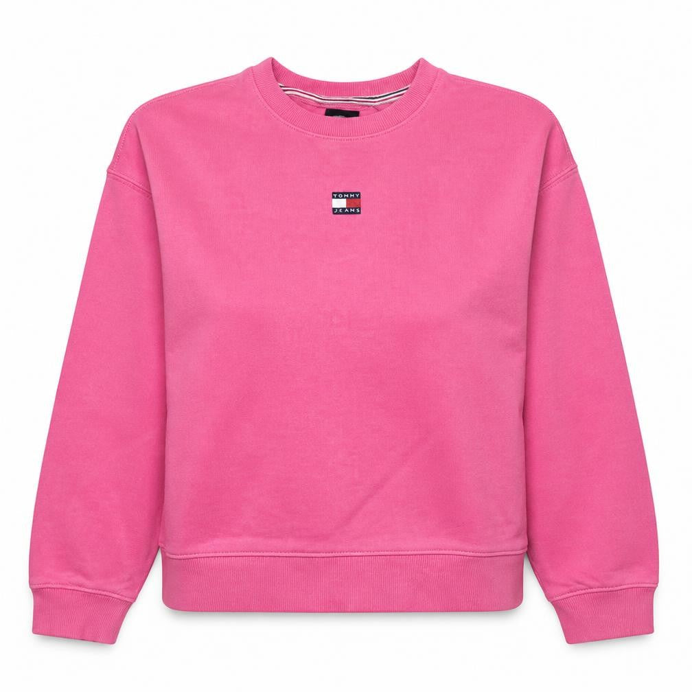 Front view of Tommy Jeans Women Pink Crew Neck Pullover Sweatshirt L Cotton Logo