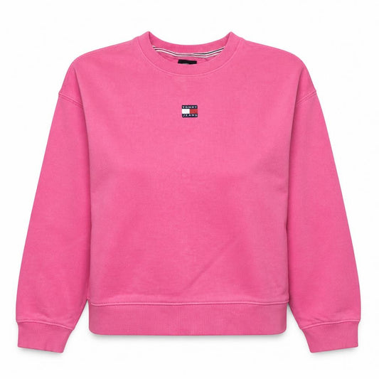 Front view of Tommy Jeans Women Pink Crew Neck Pullover Sweatshirt L Cotton Logo