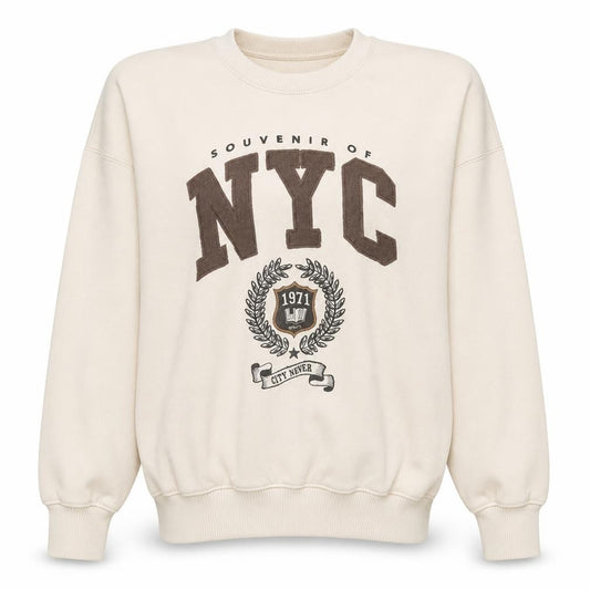 Front view of Pull&Bear Teens Beige NYC Graphic Pullover Sweatshirt M