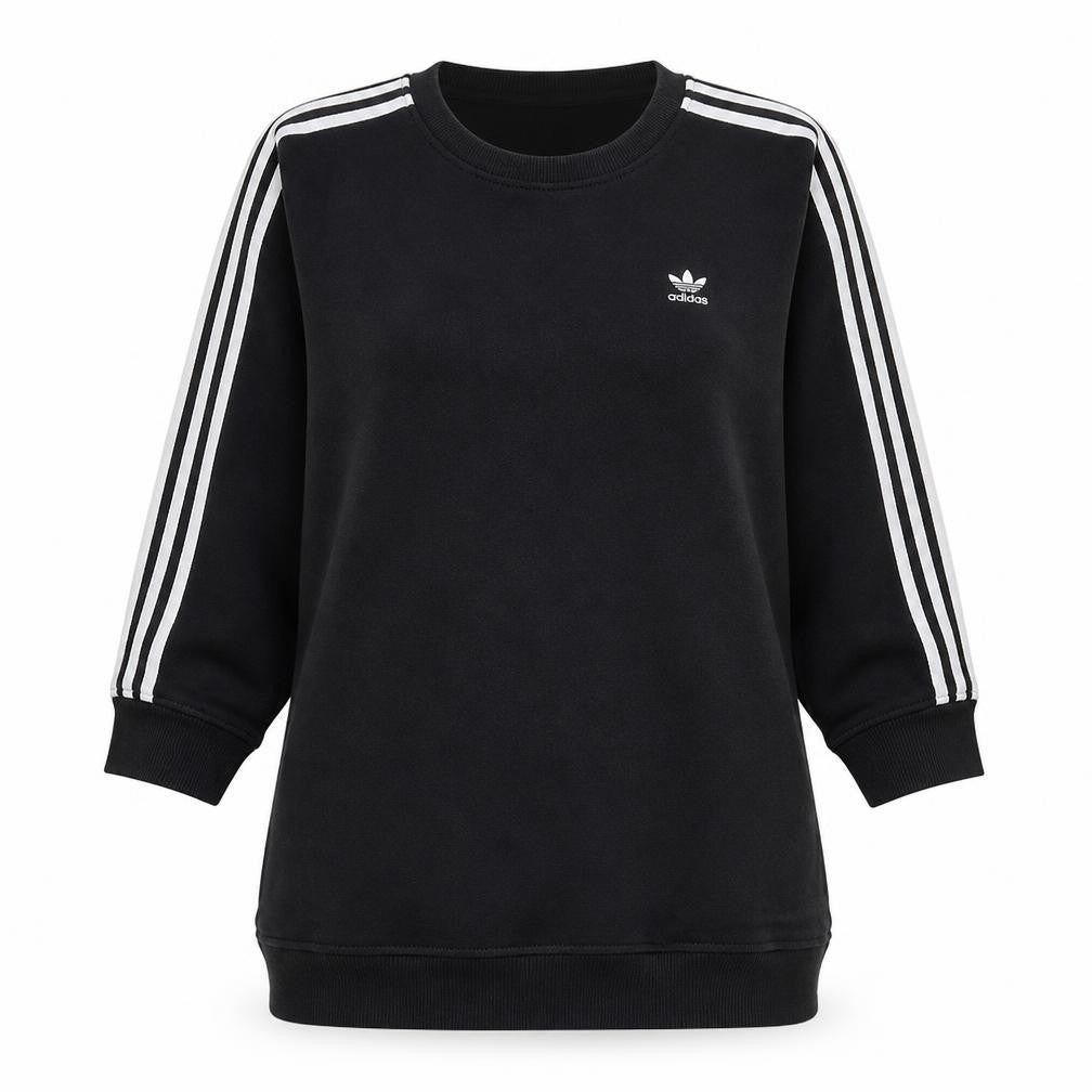 Front view of Adidas women’s black long sleeve crew neck pullover sweatshirt, size M