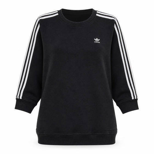 Front view of Adidas women’s black long sleeve crew neck pullover sweatshirt, size M
