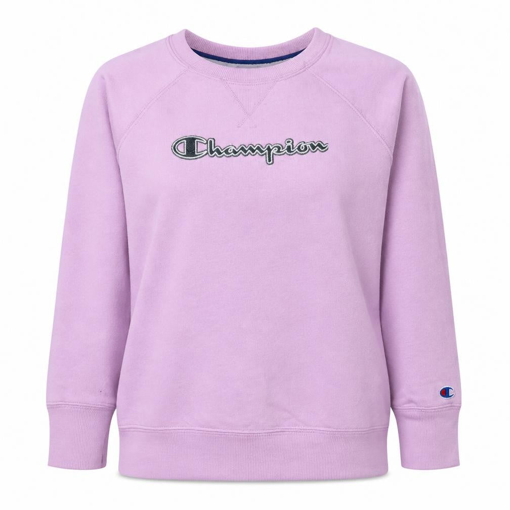 Front view of Champion women’s pink pullover sweatshirt l crew neck logo cotton