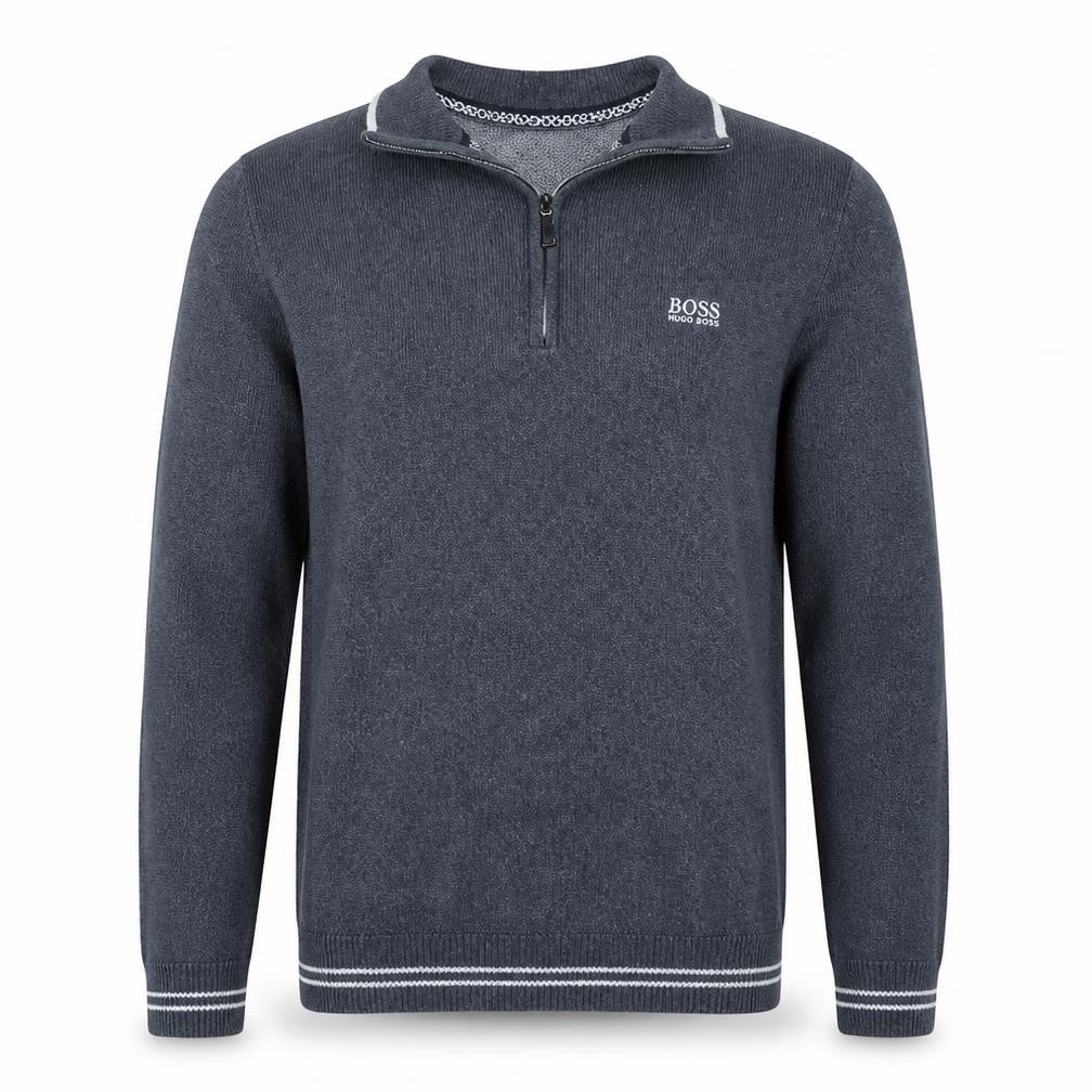Front view of Hugo Boss Men's Grey Cotton 1/2 Zip Jumper, size S