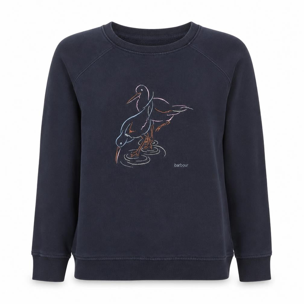 Front view of Barbour women’s navy blue sweatshirt, size UK 12, cotton bird print