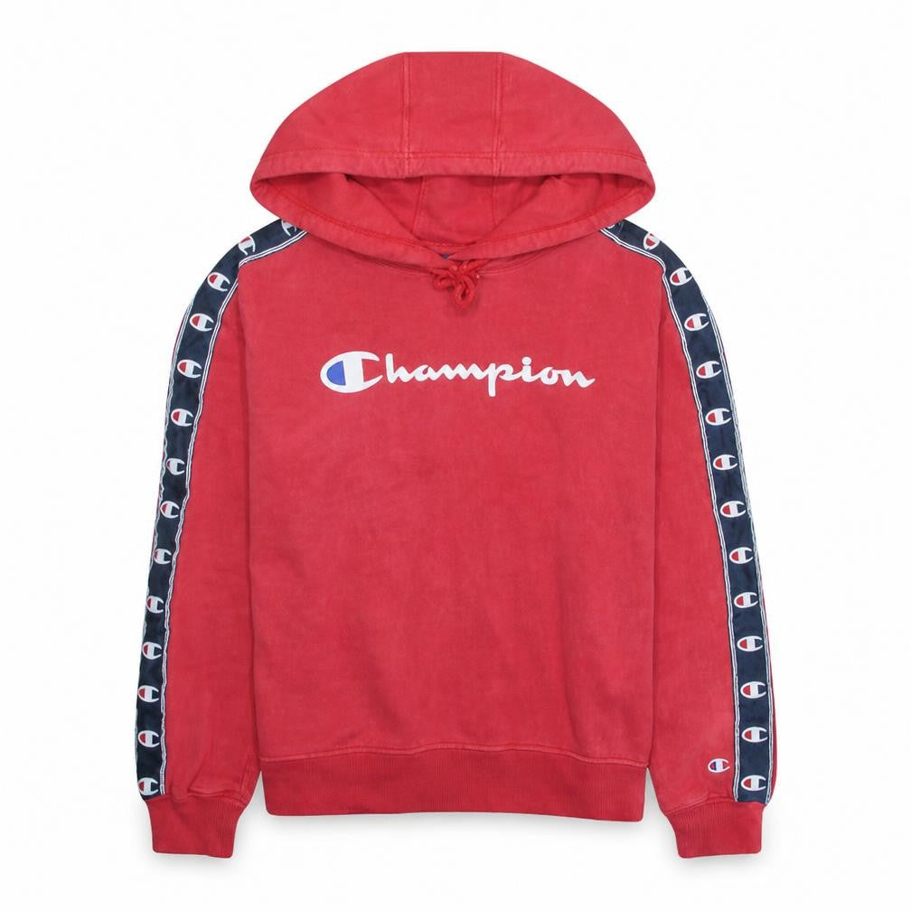 Front view of Champion women’s red pullover hoodie small 100% cotton logo detail
