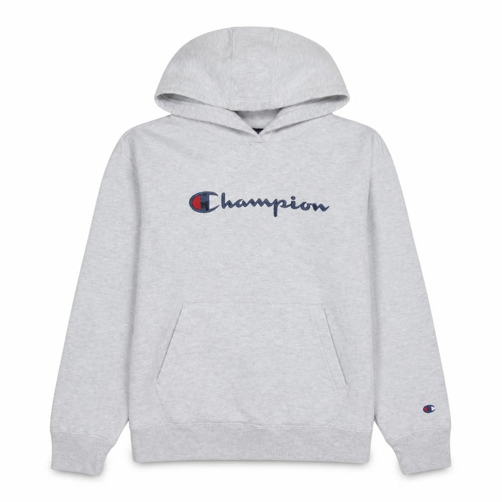 Front view of Champion women’s grey pullover hoodie medium cotton blend