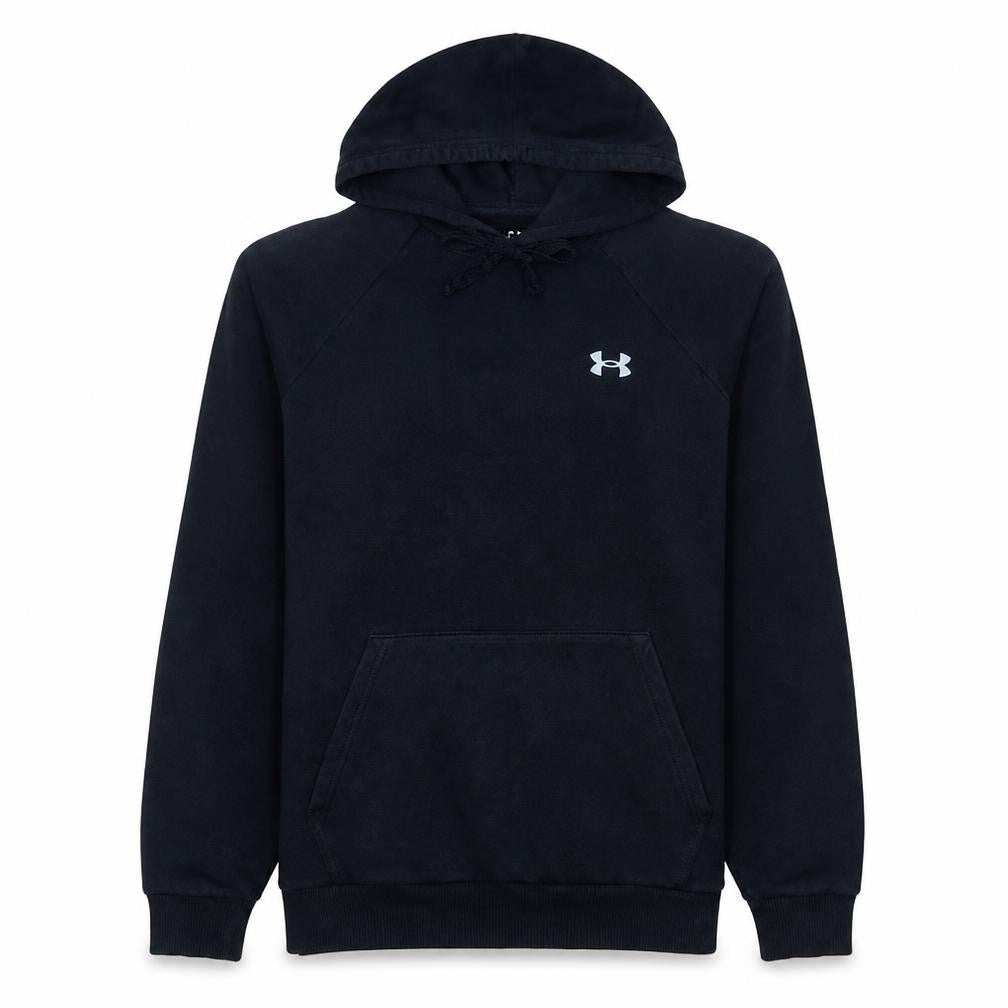 Front view of Under Armour Men's Black Pullover Hoodie, size M, Fleece Relaxed Fit