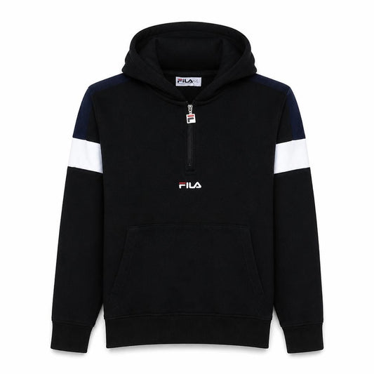 Front view of Fila Men's Black M Pullover 1/4 Zip Hoodie Sweatshirt