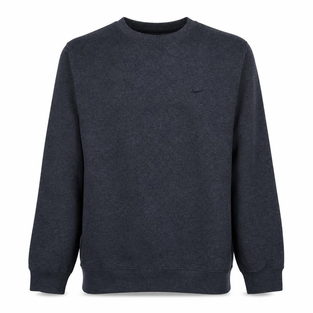 Front view of Nike men’s grey fleece pullover sweatshirt, size M, crew neck