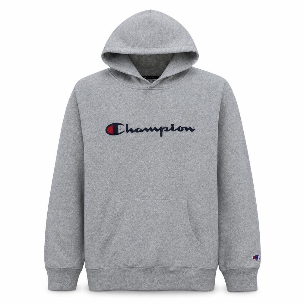 Front view of Champion Men's Grey Pullover Hoodie L Logo Fleece Sweatshirt