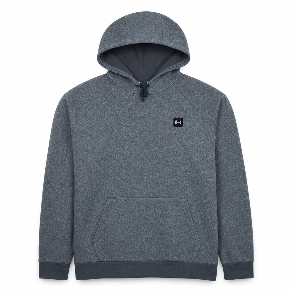 Front view of Under Armour men’s grey pullover hoodie, size L, fleece sweatshirt