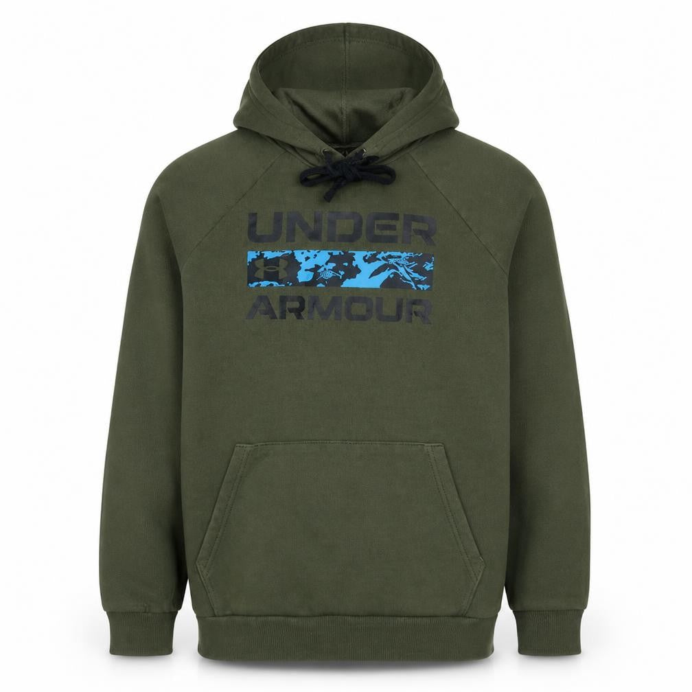 Front view of Under Armour Men's Green Pullover Hoodie, size M, Relaxed Fit