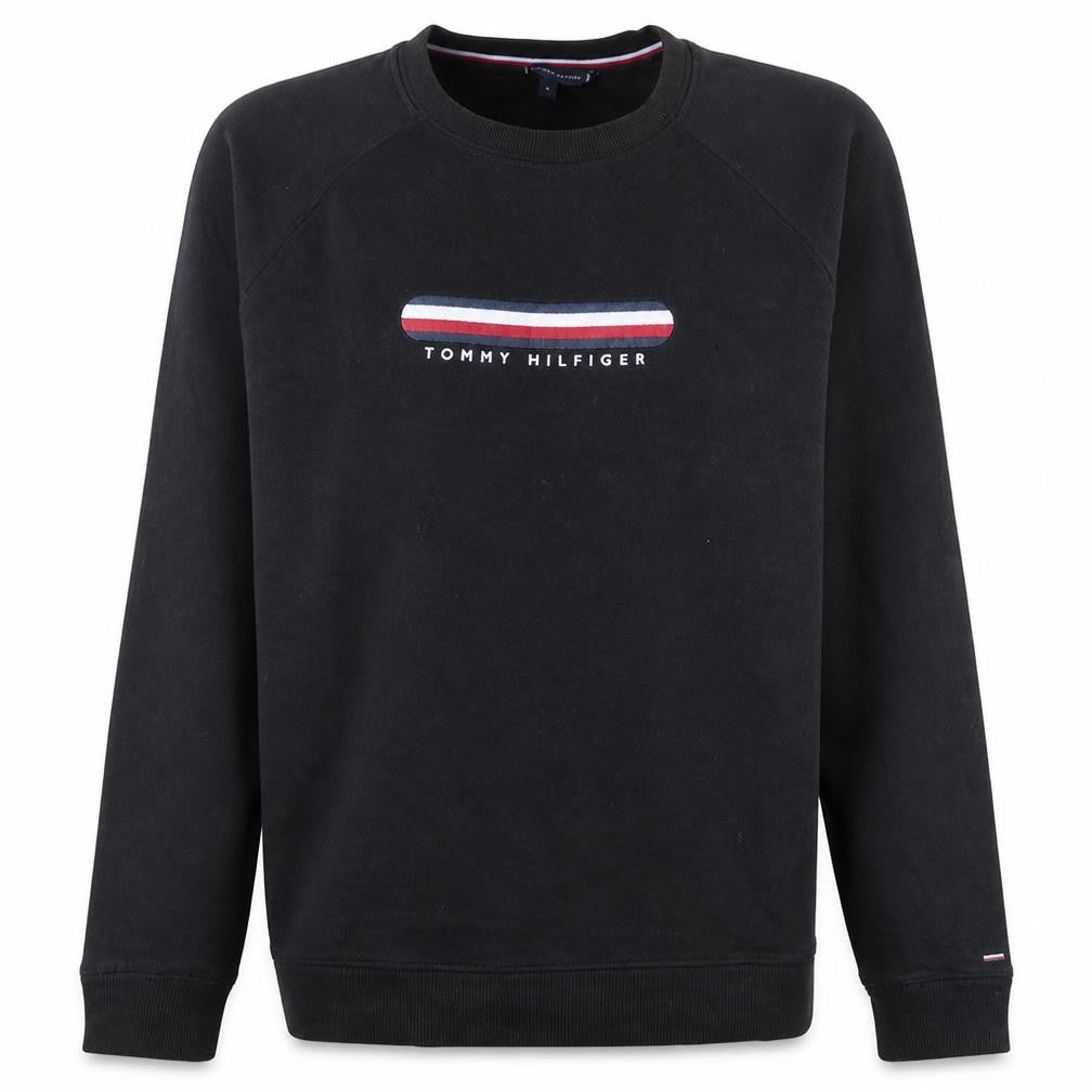 Front view of Tommy Hilfiger Men's Black Logo Crew Neck Sweatshirt, size M