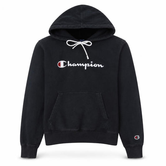 Front view of Champion Women's Black Small Pullover Hoodie 100% Cotton Logo Style