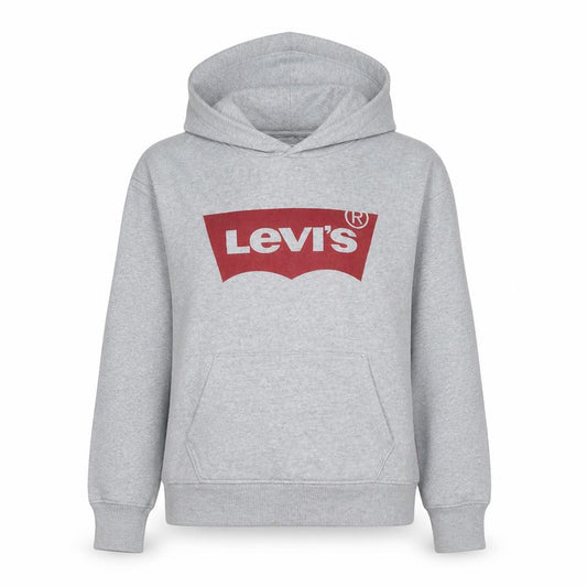 Front view of Levi's women’s grey pullover hoodie xs logo casual sweatshirt