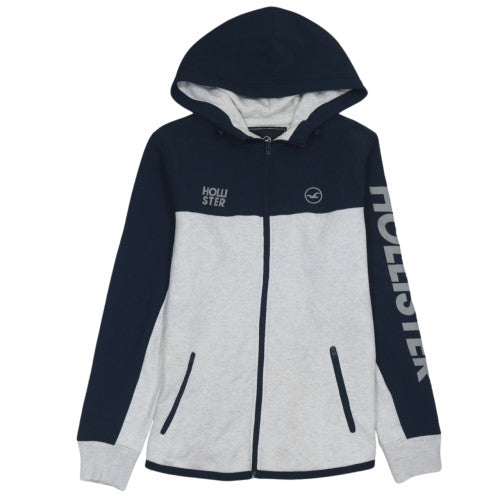 Hollister Men's Blue Grey Full Zip Hoodie L Logo Print