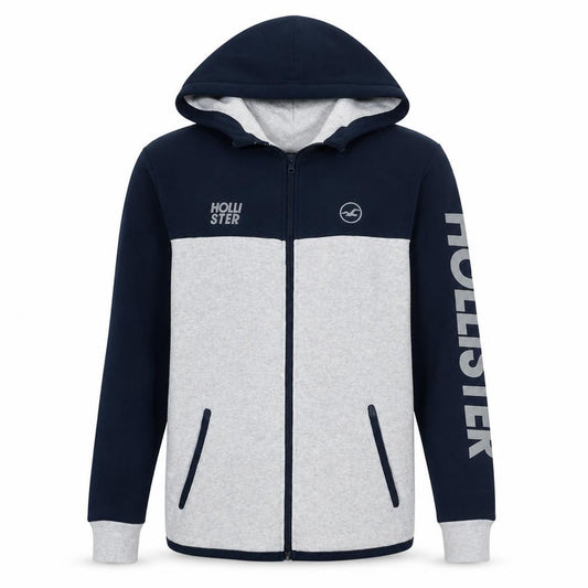 Front view of Hollister Men's Blue Grey Full Zip Hoodie L Logo Print