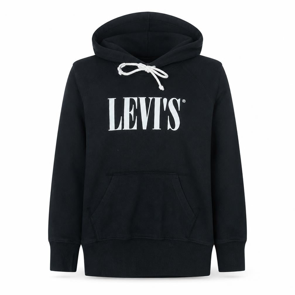 Front view of Levi's women’s black xs pullover hoodie with logo print