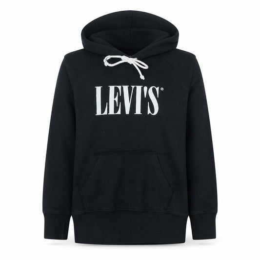 Front view of Levi's women’s black xs pullover hoodie with logo print
