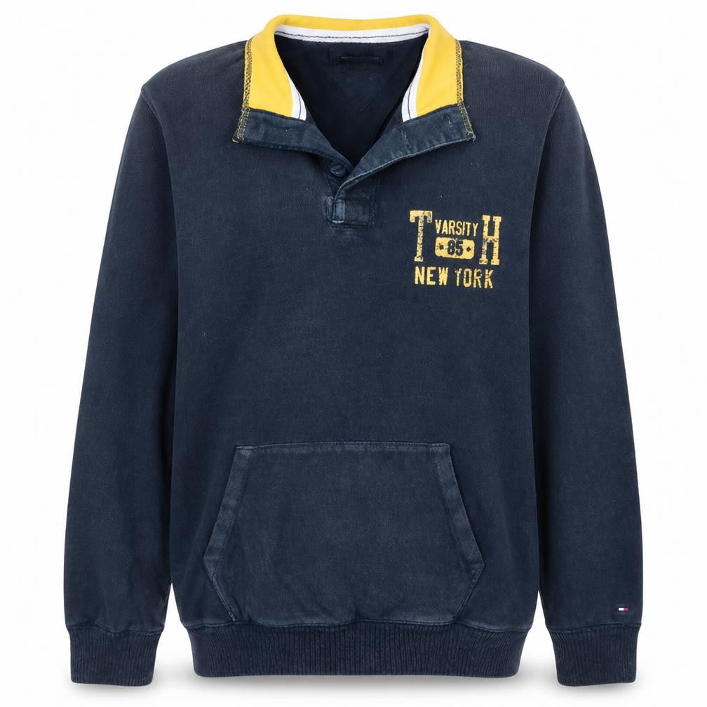 Front view of Tommy Hilfiger Men’s Blue Henley Sweatshirt M Vintage Fit