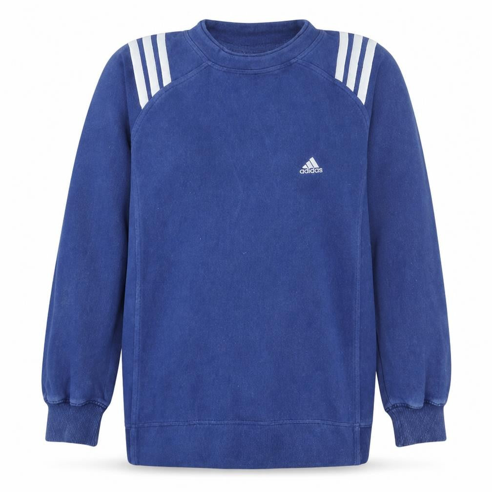 Front view of Adidas women’s blue crew neck pullover sweatshirt, size UK 10