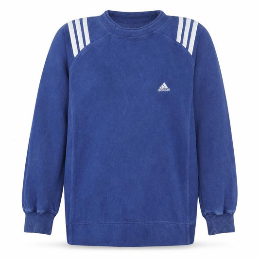 Front view of Adidas women’s blue crew neck pullover sweatshirt, size UK 10