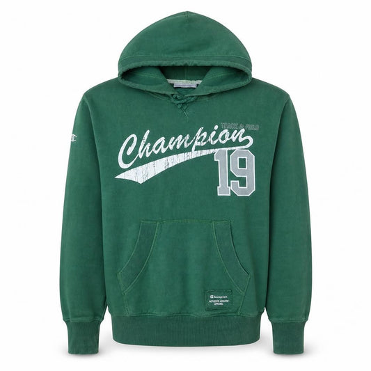 Front view of Champion Men's Green Pullover Hoodie M Fleece Graphic Sportswear