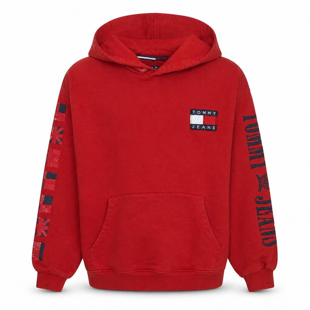 Front view of Tommy Jeans Men’s Red Pullover Hoodie M Logo Graphic Fleece