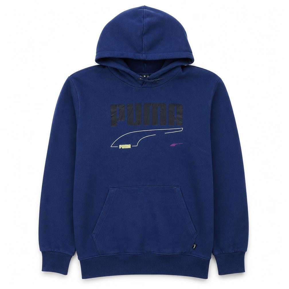 Front view of Puma Men's Blue Pullover Hoodie Medium Fleece Sportswear